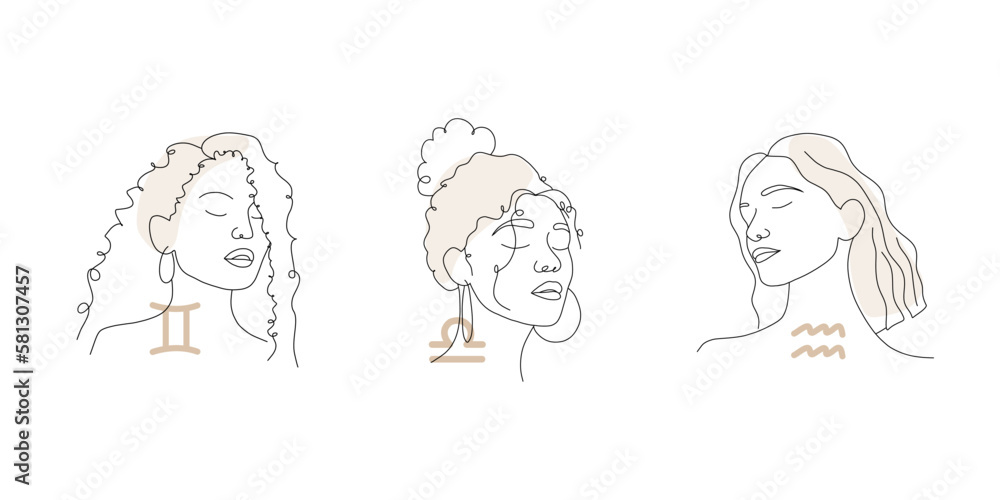 Gemini, libra, aquarius. Air zodiac signs with linear female faces. Astrological icons on white background. Mystery and esoteric. Vector illustration. Horoscope symbols for tarot cards, calendars. Gemini, libra, aquarius. Air zodiac signs with linear female faces. Astrological icons on white background. Mystery and esoteric. Vector illustration. Horoscope symbols for tarot cards, calendars.