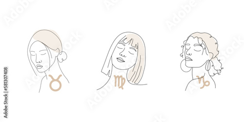Taurus, virgo, capricorn. Earth zodiac signs with linear female faces. Astrological icons on white background. Mystery and esoteric. Vector illustration. Horoscope symbols for tarot cards, calendars.