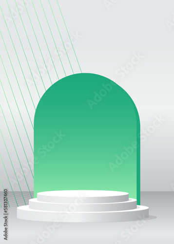 Abstract Turquoise and White Mockup product display. Cylinder pedestal podium. Stage showcase for presentation. Minimal geometric forms, empty scene.