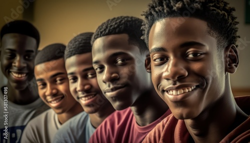 Group of Diverse and Empowered African American Black Youth Male High School Students Working Together in Creative Writing Club : Power of Collaboration in Clubs, Sports Teams (generative AI)