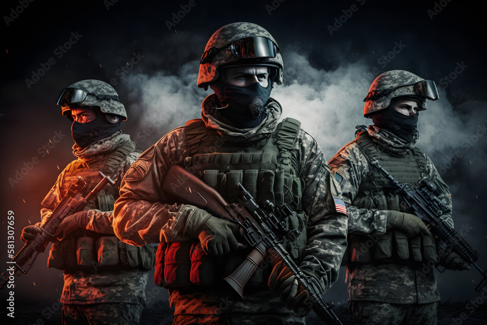 Fototapeta premium Soldiers With a Gun War Background Generative AI