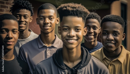 Group of Diverse and Empowered African American Black Youth Male High School Students Working Together in Key Club : Power of Collaboration in Clubs, Sports Teams (generative AI) © Get Stock