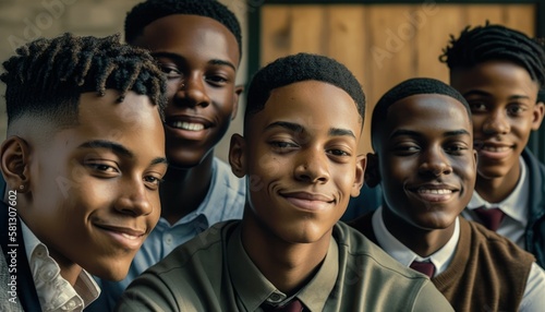 Group of Diverse and Empowered African American Black Youth Male High School Students Working Together in Journalism Club : Power of Collaboration in Clubs, Sports Teams (generative AI) © Get Stock