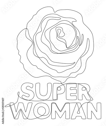 One continuous line of Super Woman word with rose flowers. Thin Line Illustration vector concept. Contour Drawing Creative ideas.