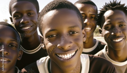 Group of Diverse and Empowered African American Black Youth Male High School Students Working Together in Soccer : Power of Collaboration in Clubs, Sports Teams (generative AI) © Get Stock