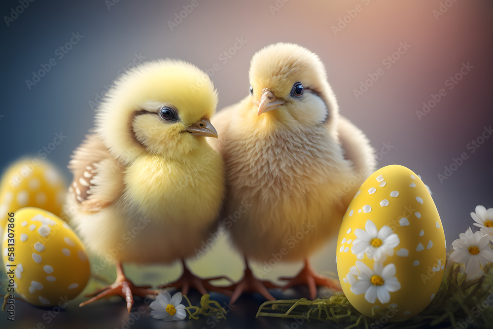 Pair of Cute Easter Chicken and Eggs Generative AI