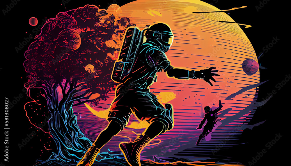 A Astronaut basketball in art illustration vector, with synthwave style