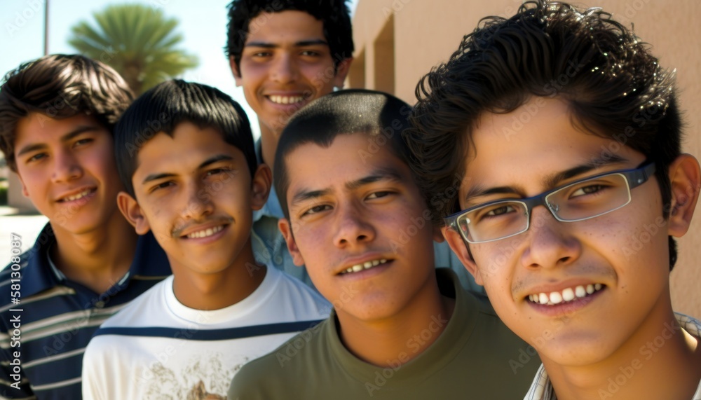 Obraz premium Group of Diverse and Empowered Hispanic Youth Male High School Students Working Together in Math Club : Power of Collaboration in Clubs, Sports Teams (generative AI)