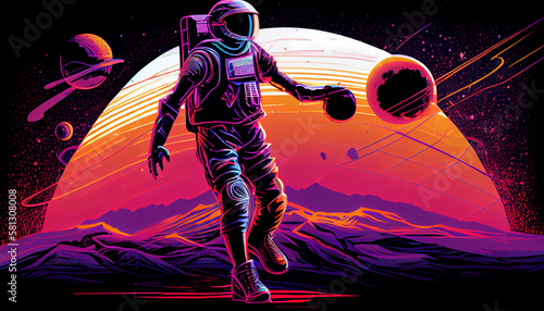 A Astronaut basketball in art illustration vector, with synthwave style photo