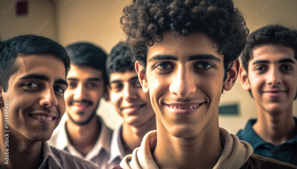 Obraz premium Group of Diverse and Empowered Middle Eastern Youth Male High School Students Working Together in Language Club : Power of Collaboration in Clubs, Sports Teams (generative AI)