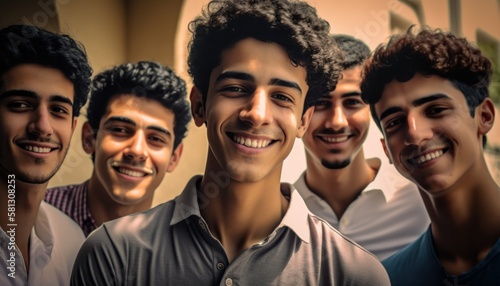 Group of Diverse and Empowered Middle Eastern Youth Male High School Students Working Together in Environmental Club : Power of Collaboration in Clubs, Sports Teams (generative AI) © Get Stock