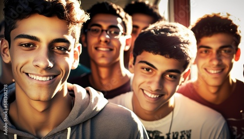 Group of Diverse and Empowered Middle Eastern Youth Male High School Students Working Together in Key Club : Power of Collaboration in Clubs, Sports Teams (generative AI) photo