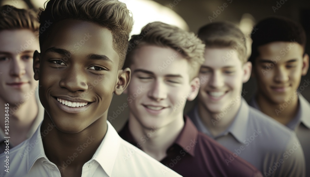 Fototapeta premium Group of Diverse and Empowered Multiracial Youth Male High School Students Working Together in Choir : Power of Collaboration in Clubs, Sports Teams (generative AI)