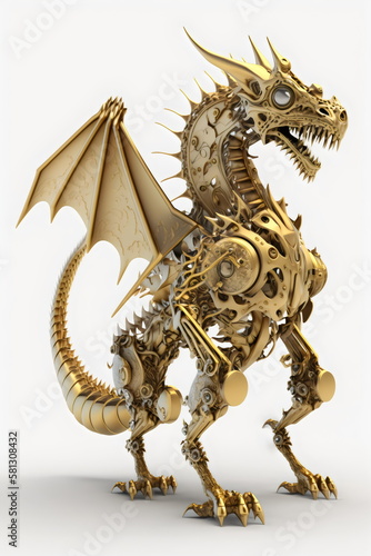 clockwork gold dragon isolated on white background made with generative ai 
