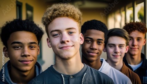 Group of Diverse and Empowered Multiracial Youth Male High School Students Working Together in Journalism Club : Power of Collaboration in Clubs, Sports Teams (generative AI) © Get Stock