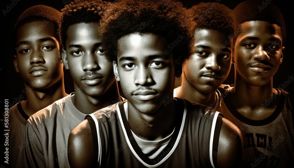 Group of Diverse and Empowered African American Black Youth Male High School Students Working Together in Basketball : Power of Collaboration in Clubs, Sports Teams (generative AI)
