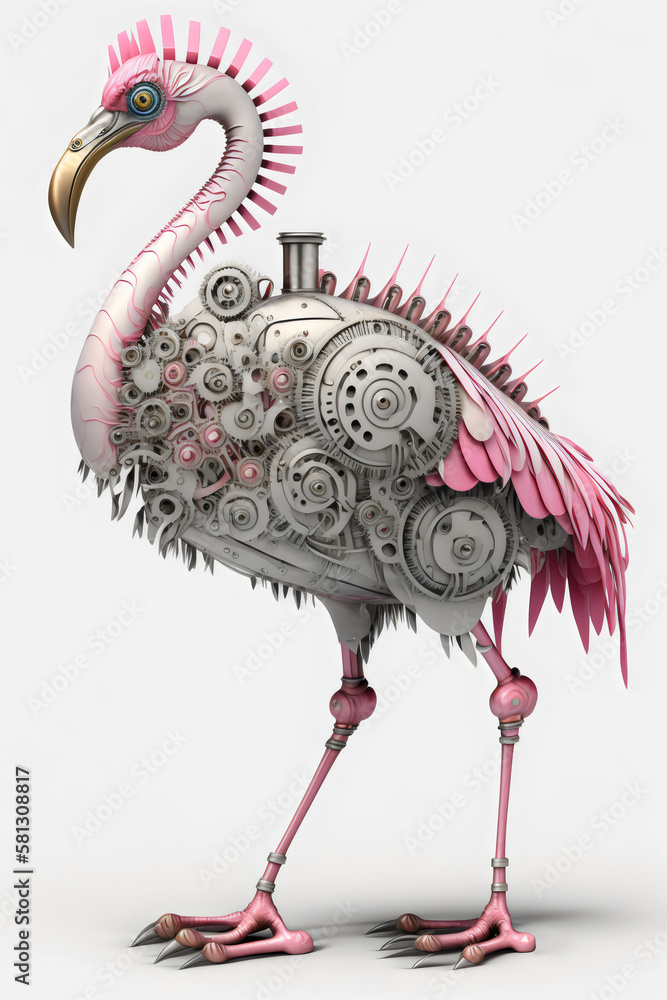 clockwork pink flamingo isolated on white background made with ...