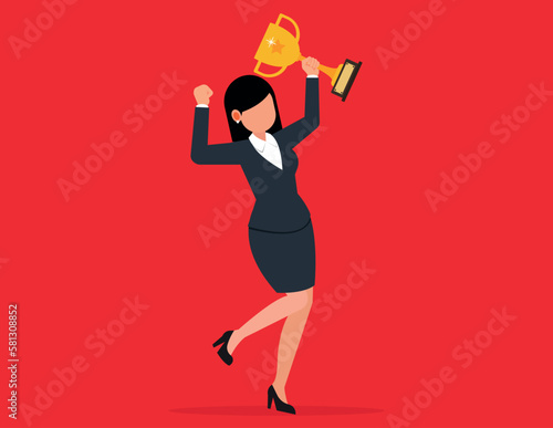 Business awards and achievements. Business woman jumping and celebrating victory holding his trophy