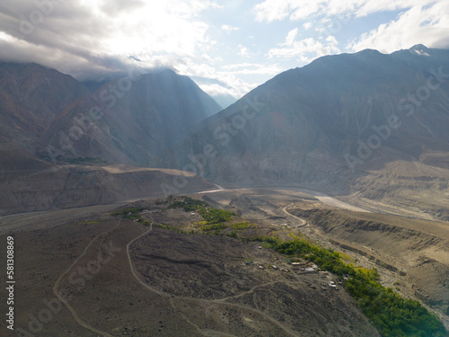 Aerial view of Karakoram high mountain hills. Nature landscape background  Skardu-Gilgit  Pakistan. Travel on holiday vacation.