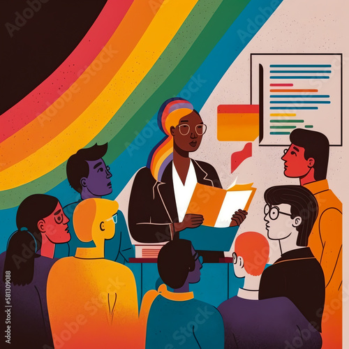 An LGBTQ+ teacher mentoring a group of students as they work on a project, creating an inclusive and supportive learning environment. Generative AI.