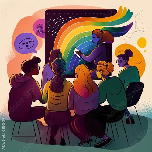 An LGBTQ+ teacher mentoring a group of students as they work on a project, creating an inclusive and supportive learning environment. Generative AI.