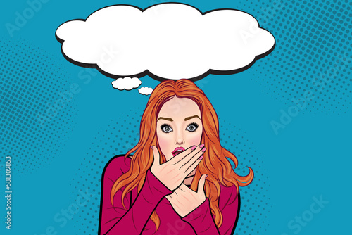 Surprised woman on pop art background, advertising poster or party speech bubble with sexy club girl open mouth in cartoon style. showcase your products facial expression
