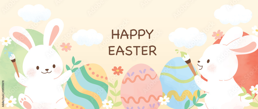 Happy Easter watercolor background vector. Hand drawn fluffy cute white rabbits painting easter eggs, flowers and leaf branch. Adorable doodle design for decorative, card, kids, banner, poster. - obrazy, fototapety, plakaty 