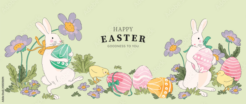 Happy Easter watercolor background vector. Hand drawn comic white rabbits with easter eggs in garden, spring flowers and chicken. Adorable doodle design for decorative, card, kids, banner, poster.