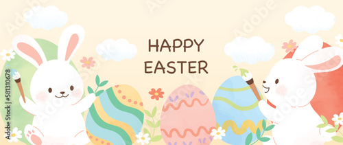 Happy Easter watercolor background vector. Hand drawn fluffy cute white rabbits painting easter eggs, flowers and leaf branch. Adorable doodle design for decorative, card, kids, banner, poster.