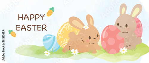 Happy Easter watercolor background vector. Hand drawn fluffy cute rabbits playing with shiny easter eggs in garden, flower, carrot. Adorable doodle design for decorative, card, kids, banner, poster.