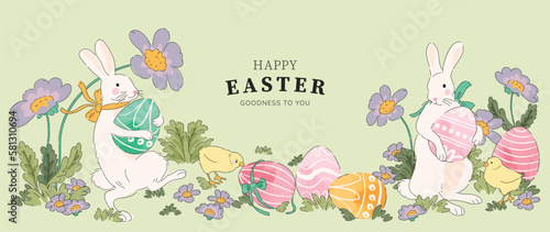 Happy Easter watercolor background vector. Hand drawn comic white rabbits with easter eggs in garden, spring flowers and chicken. Adorable doodle design for decorative, card, kids, banner, poster.