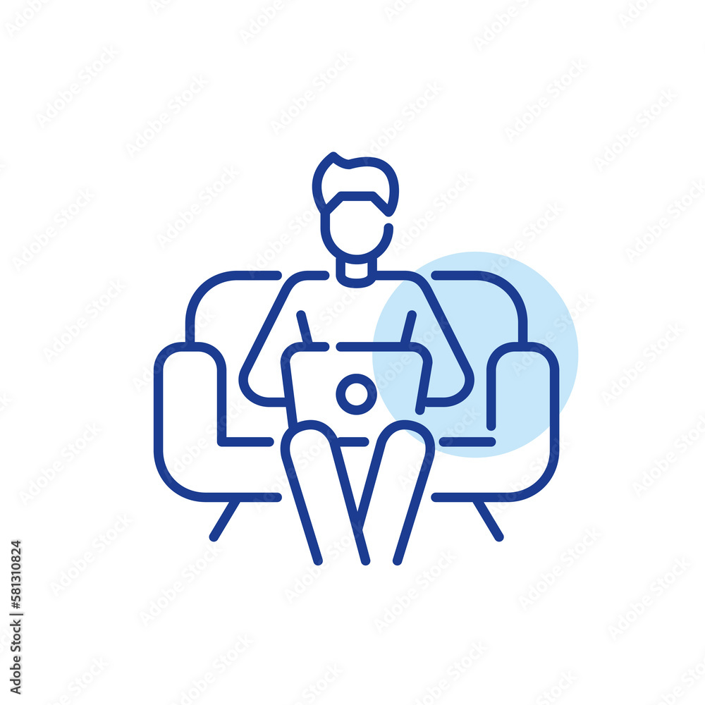 Obraz premium Guy sitting on a sofa with a computer. Working from home freelance office. Pixel perfect, editable stroke line icon