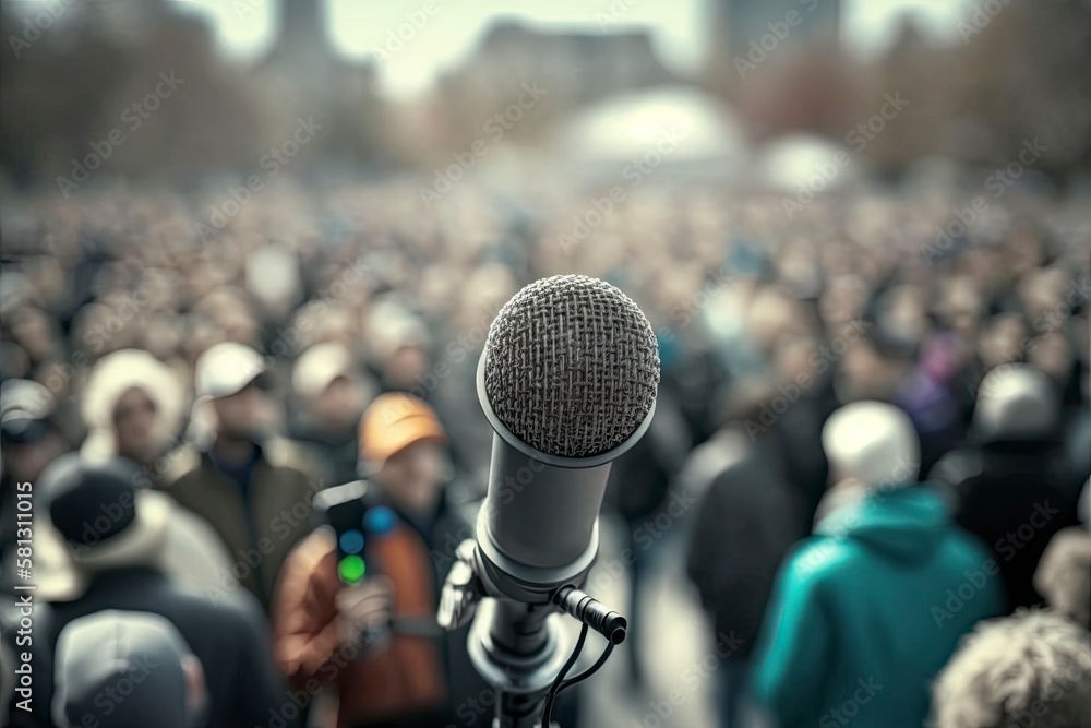 Campaign. Protest or public demonstration. Microphone in focus against blurred audience. Generative AI Campaign. Protest or public demonstration. Microphone in focus against blurred audience. Generative AI