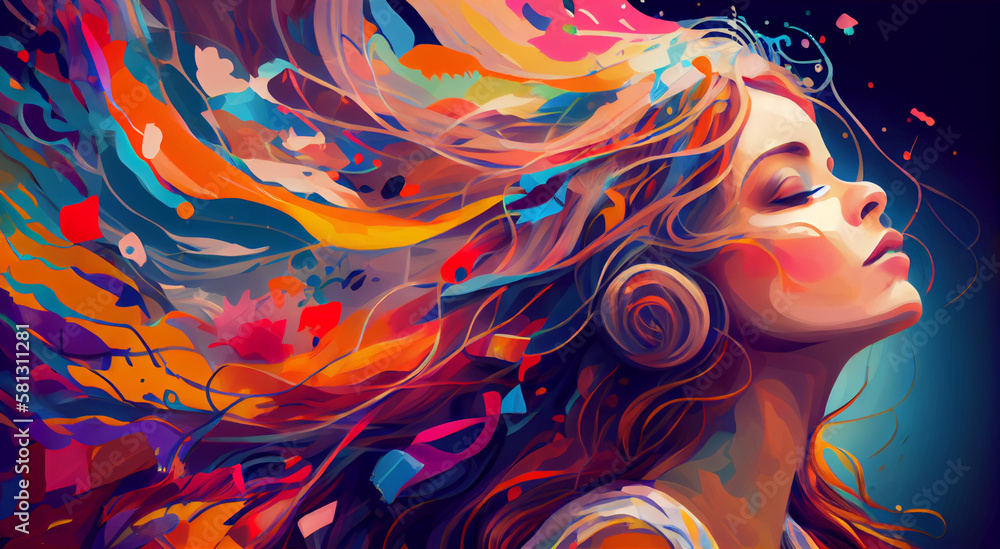 Fototapeta girl with long hair enjoying music, colorful, passion