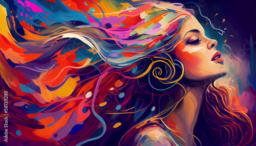 girl with long hair enjoying music, colorful, passion