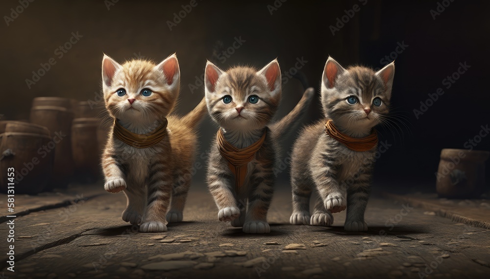 three adventurous kittens. Created with Generative AI.