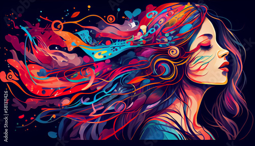 portrait of a girl with long hair enjoying music, colorful, passion