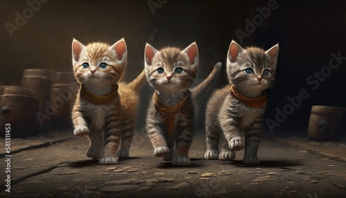 three adventurous kittens. Created with Generative AI.