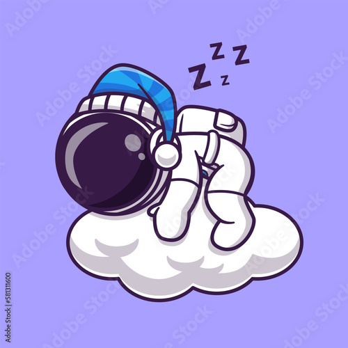 Cute Astronaut Sleep On Cloud Cartoon Vector Icon Illustration Science Technology Icon Concept Isolated Premium Vector. Flat Cartoon Style