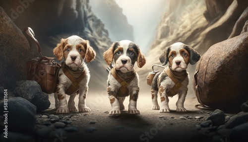 three adventurous puppies. Created with Generative AI.