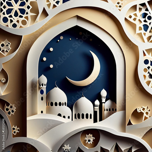 Ramadan Kareem greeting card with 3d paper art illustration with a crescent and an Islamic mosque, generated by AI photo