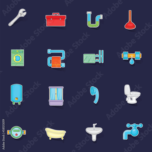Bathroom icons set stikers collection vector with shadow on purple background