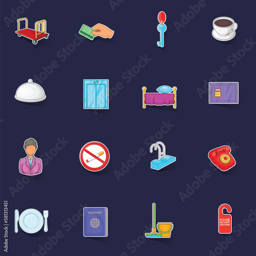 Hotel icons set stikers collection vector with shadow on purple background