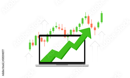 Trading online with a laptop. Buy and sell signals. All-time high. Vector.