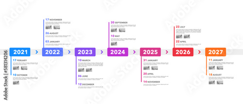 Business infographics 7 years on timeline diagrams. Milestone, Anniversary, Report, Company, and Data. Vector illustration.