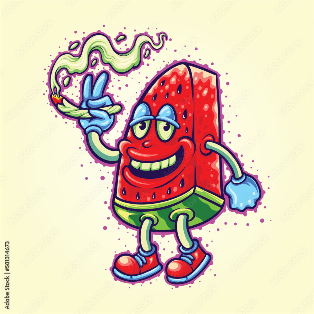 Funny smoking marijuana bud watermelon fruit logo illustrations vector for your work logo, merchandise t-shirt, stickers and label designs, poster, greeting cards advertising business company