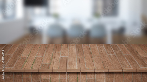 Realistic Wood table, Wood Board top front view 3d render with a blurred background