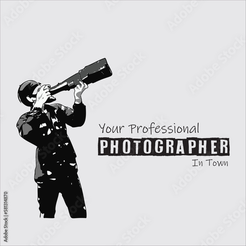 A vector image of photographer standing with a big lens camera for outdoor photography. With wording at the side.
Suitable design for logo, business card, creative arts, template, poster, postcard et