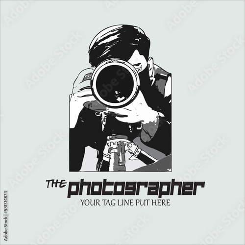 A vector image of photographer with a big lens camera. With wording below.  
Suitable design for logo, business card, creative arts, template, poster, postcard etc. Vector