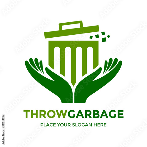 Throw garbage vector logo template. This design use hand and trash can symbol.
